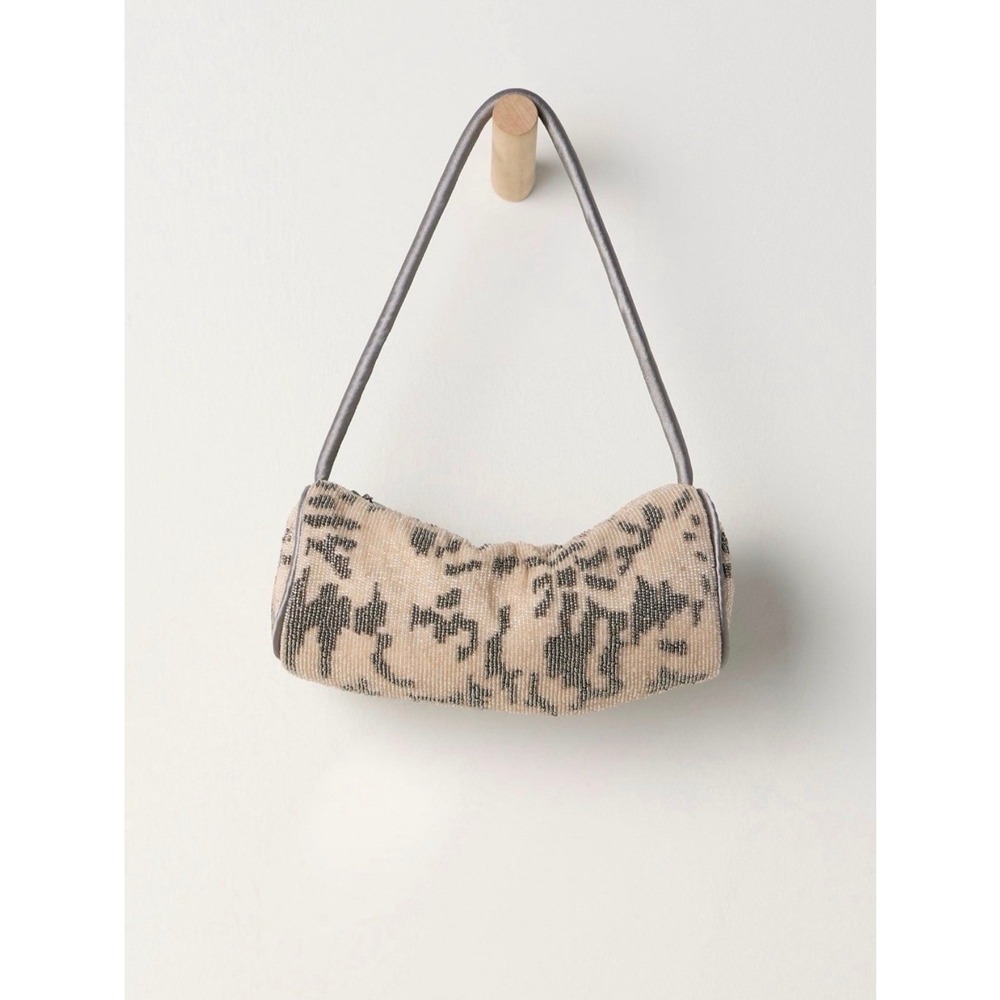 Free People Bailey Beaded Barrel Shoulder Baguette Bag Cream Grey Y2K